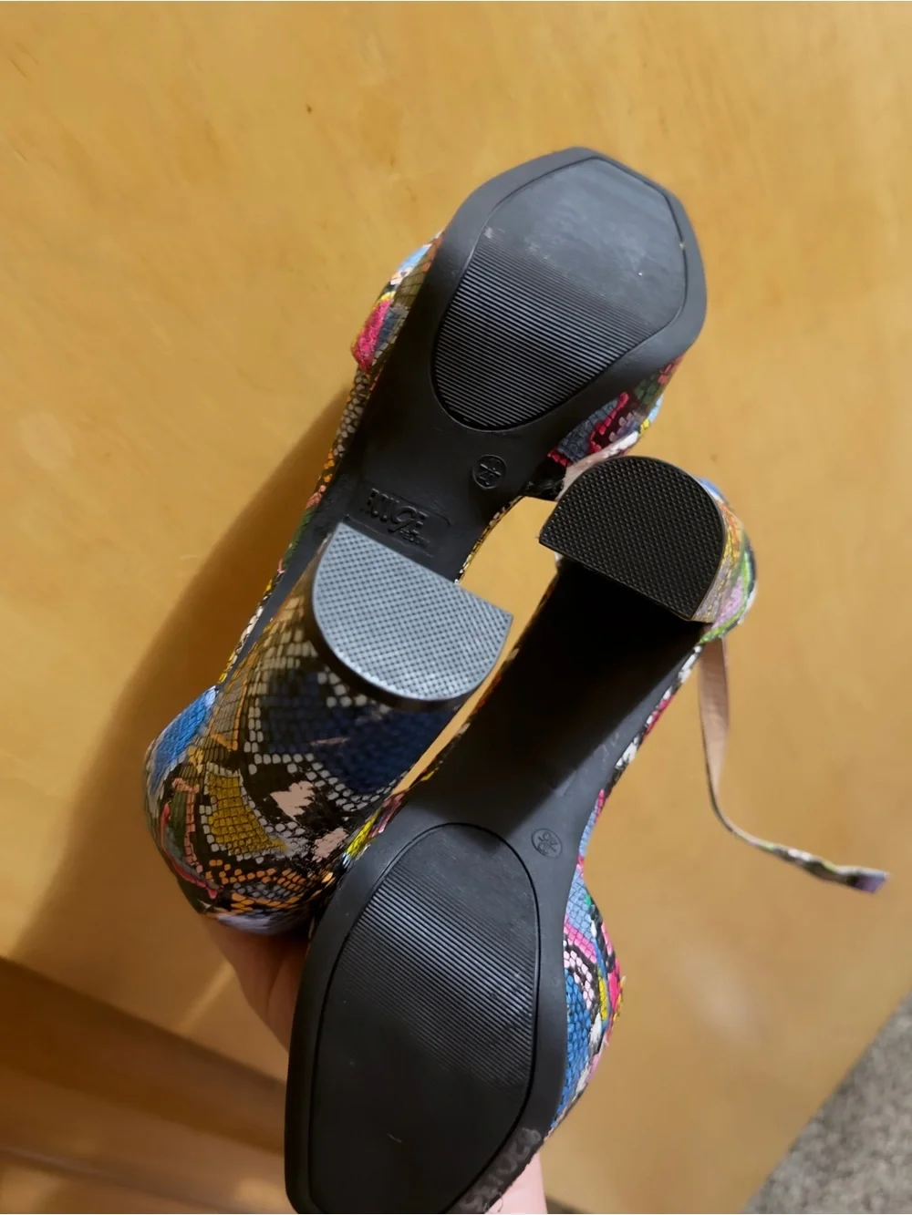 Size 10 Colorful Snake-Print Block Platform Size Heel Sandals - Women